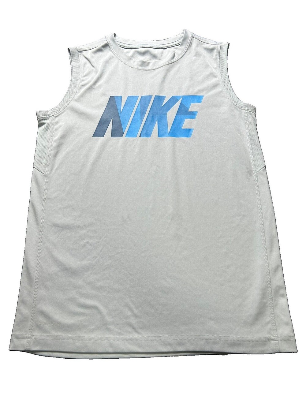 Nike Boys L Gray Sleeveless Tank Blue Logo Pullover Top Size 14-15 Years